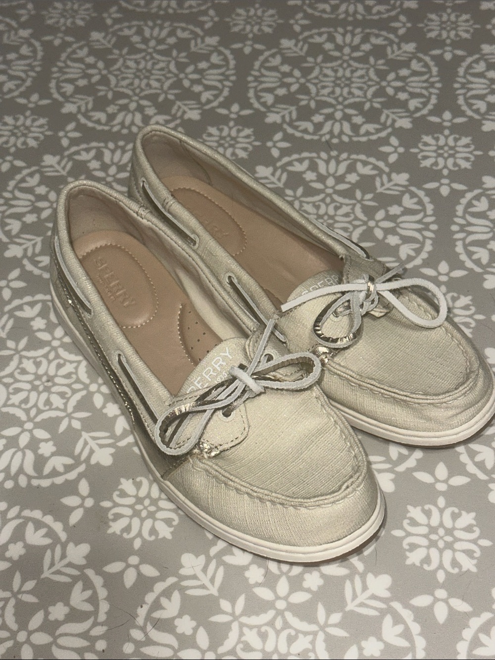 Sperry Women's Light Ivory and Gold Shimmer Canvas Boat Shoes